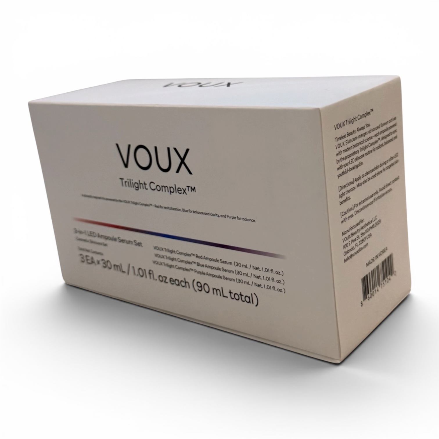 VOUX 3-in-1 Korean Ampoule Set bottles arranged together, hydrate repair and clarify skincare system
