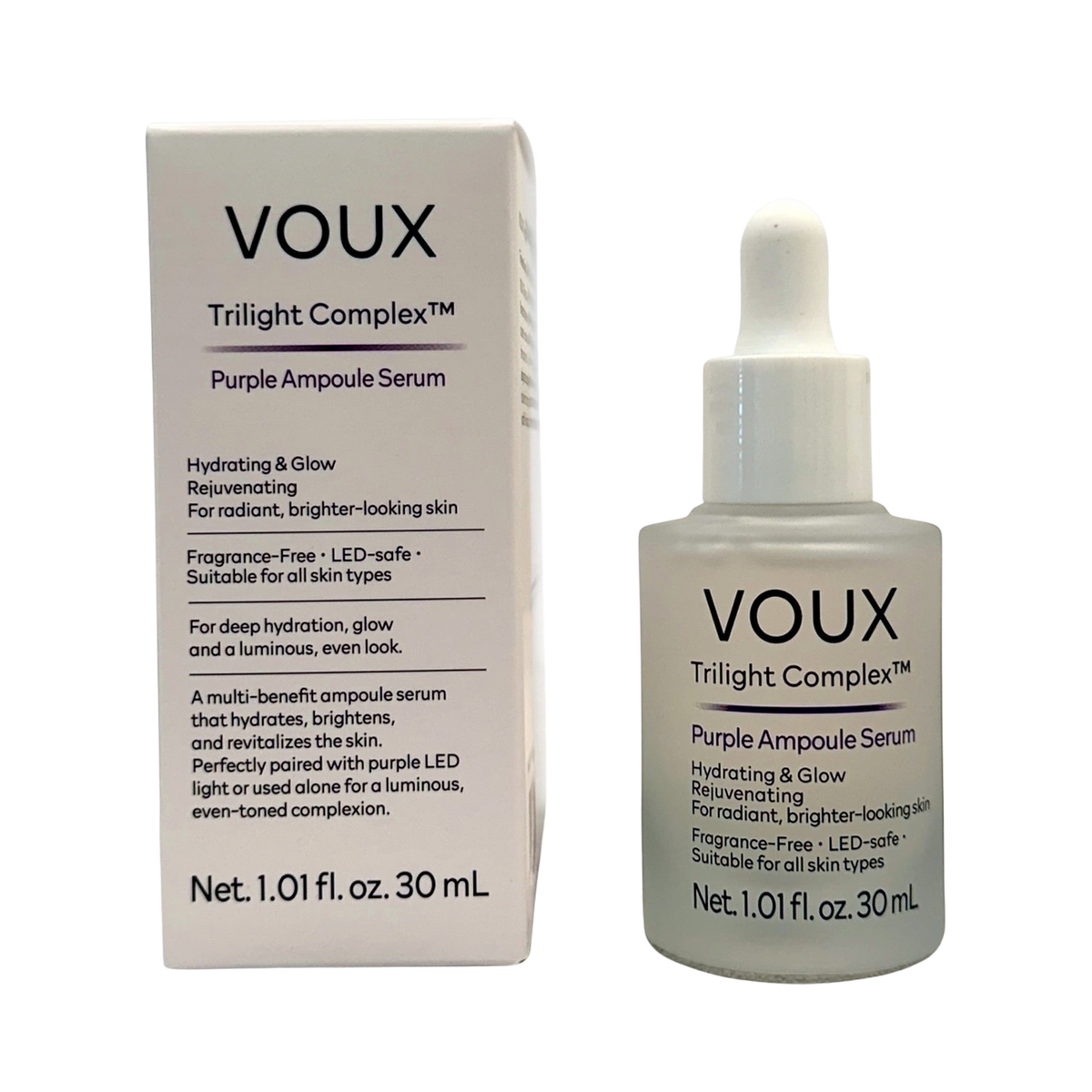 Trilight Complex Purple Ampoule Serum bottle and original box on a clean background